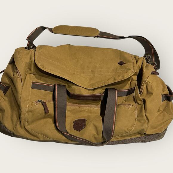 Eddie Bauer Sport Shop Duffel Bag Olive Tan 24x10x10 Canvas Leather Trim - Picture 1 of 9